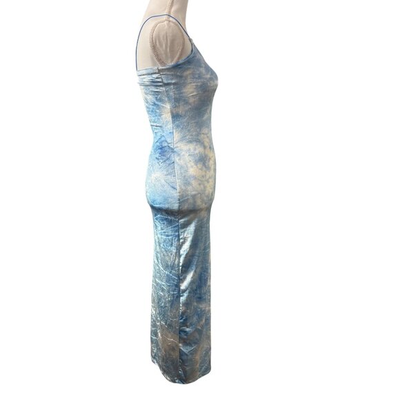 Derek Heart Tie-Dye Spaghetti Strap Maxi Dress Blue & White Side Slit Size S - Picture 4 of 9